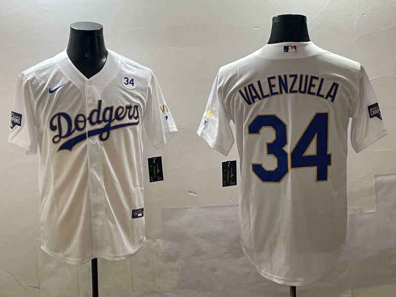 Men Los Angeles Dodgers #34 Valenzuela White blue Gold Game 2025 Nike MLB Jersey style 9